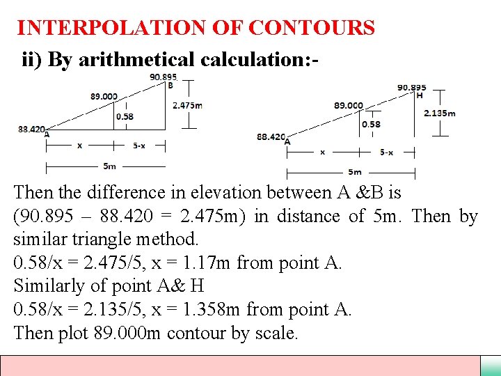 INTERPOLATION OF CONTOURS ii) By arithmetical calculation: - Then the difference in elevation between