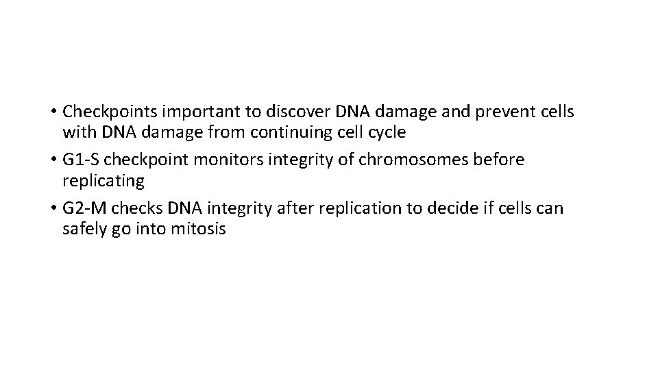  • Checkpoints important to discover DNA damage and prevent cells with DNA damage