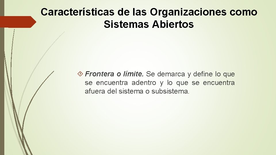 Características de las Organizaciones como Sistemas Abiertos Frontera o límite. Se demarca y define