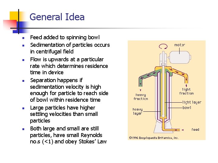 General Idea n n n Feed added to spinning bowl Sedimentation of particles occurs General Idea n n n Feed added to spinning bowl Sedimentation of particles occurs