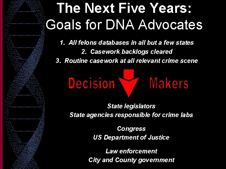 The Next Five Years: Goals for DNA Advocates 1. All felons databases in all