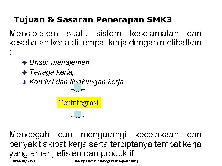 Tujuan & Sasaran Penerapan SMK 3 Menciptakan suatu sistem keselamatan dan kesehatan kerja di