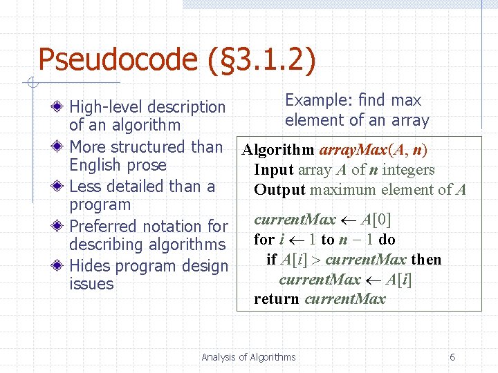 Pseudocode (§ 3. 1. 2) Example: find max High-level description element of an array