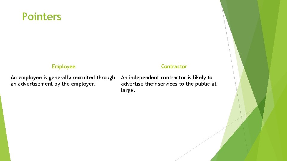 Pointers Employee An employee is generally recruited through an advertisement by the employer. Contractor