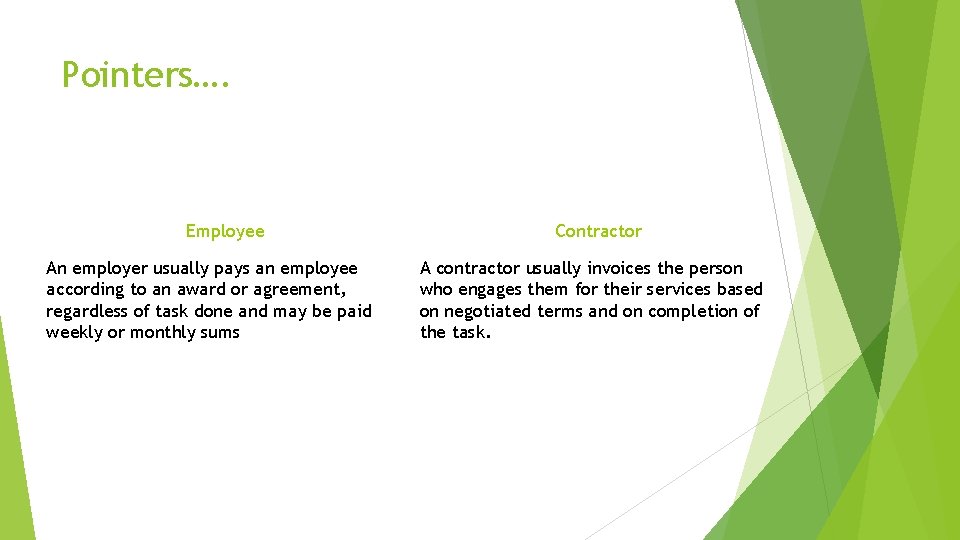 Pointers…. Employee An employer usually pays an employee according to an award or agreement,