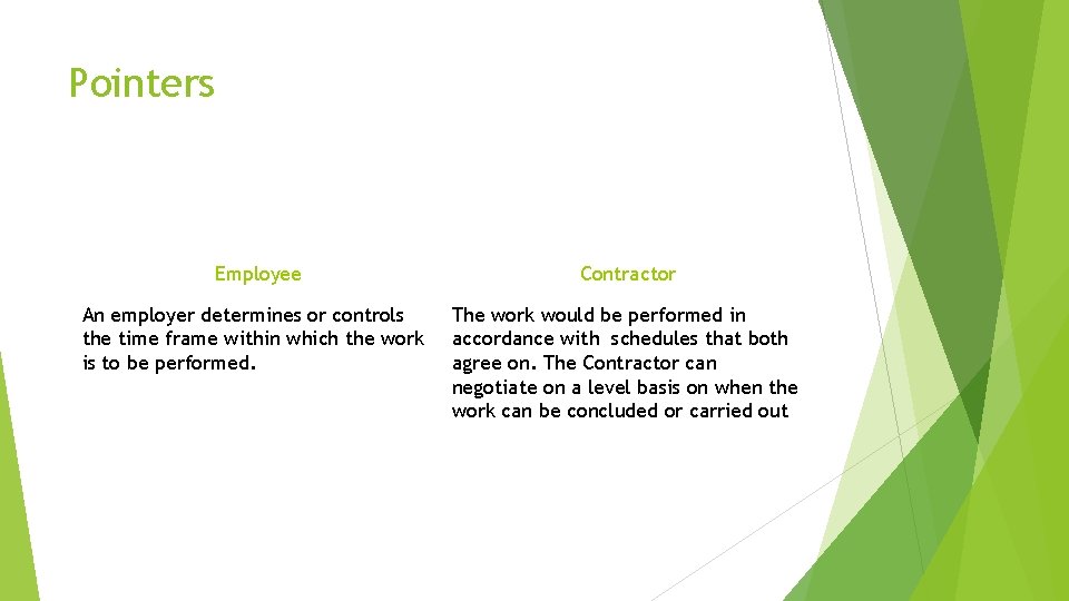 Pointers Employee Contractor An employer determines or controls the time frame within which the
