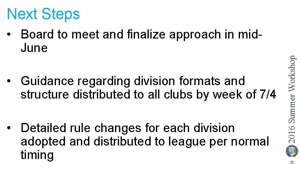 Next Steps • Guidance regarding division formats and structure distributed to all clubs by