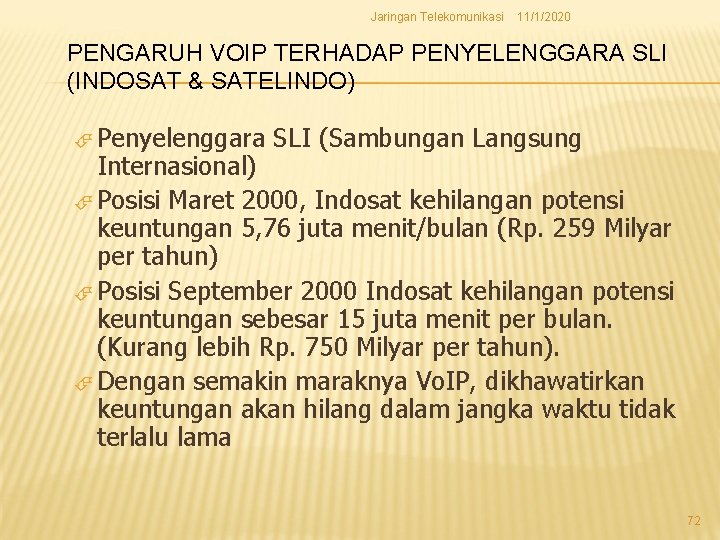 Jaringan Telekomunikasi 11/1/2020 PENGARUH VOIP TERHADAP PENYELENGGARA SLI (INDOSAT & SATELINDO) Penyelenggara SLI (Sambungan Jaringan Telekomunikasi 11/1/2020 PENGARUH VOIP TERHADAP PENYELENGGARA SLI (INDOSAT & SATELINDO) Penyelenggara SLI (Sambungan
