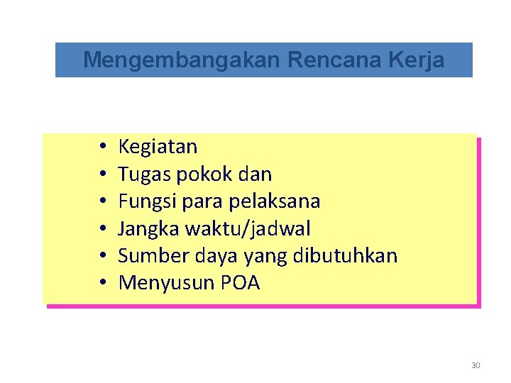 Mengembangakan Rencana Kerja • • • Kegiatan Tugas pokok dan Fungsi para pelaksana Jangka