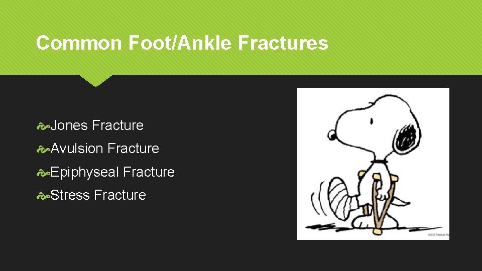 Common Foot/Ankle Fractures Jones Fracture Avulsion Fracture Epiphyseal Fracture Stress Fracture 