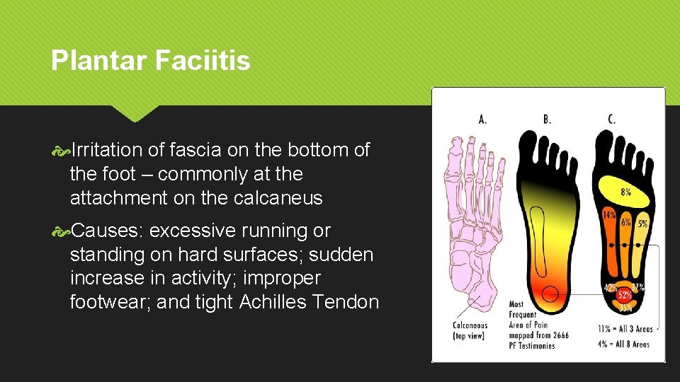 Plantar Faciitis Irritation of fascia on the bottom of the foot – commonly at