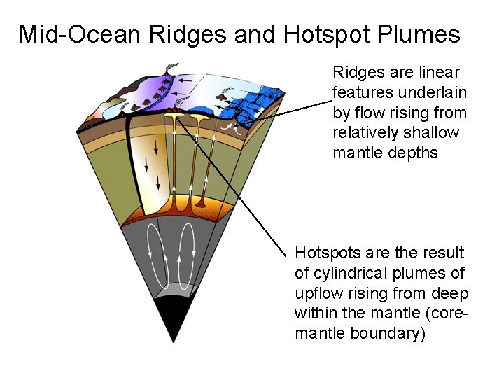 Mid-Ocean Ridges and Hotspot Plumes Ridges are linear features underlain by flow rising from