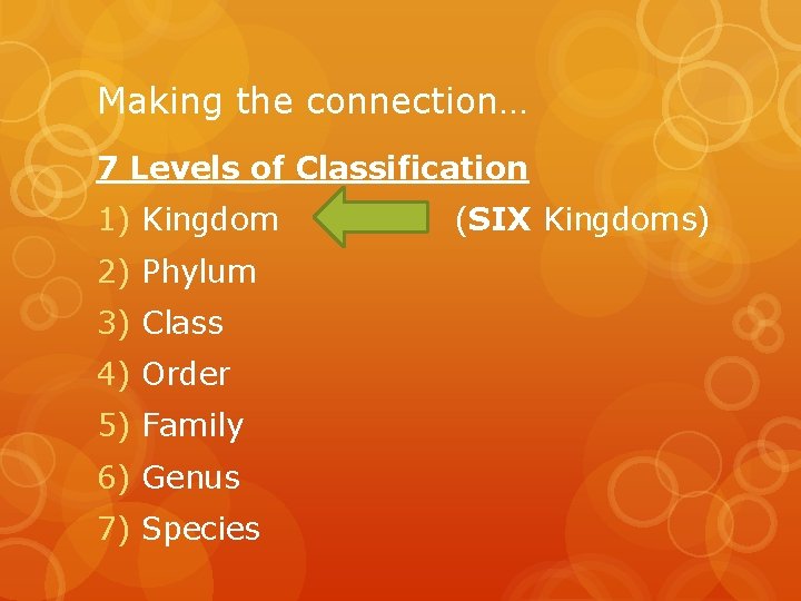 Making the connection… 7 Levels of Classification 1) Kingdom 2) Phylum 3) Class 4)