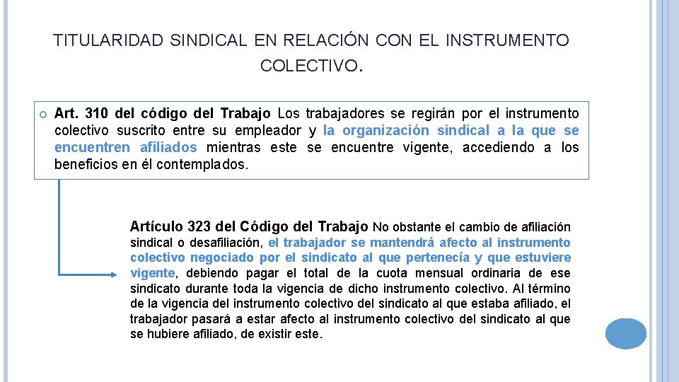 TITULARIDAD SINDICAL EN RELACIÓN CON EL INSTRUMENTO COLECTIVO. Art. 310 del código del Trabajo