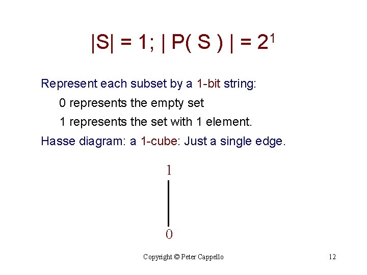 |S| = 1; | P( S ) | = 21 Represent each subset by