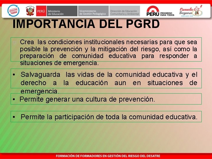 IMPORTANCIA DEL PGRD Crea las condiciones institucionales necesarias para que sea posible la prevención