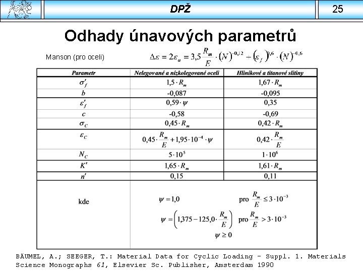 DPŽ 25 Odhady únavových parametrů Manson (pro oceli) BÄUMEL, A. ; SEEGER, T. :