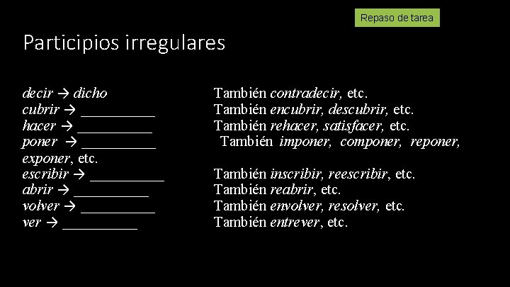 Repaso de tarea Participios irregulares decir → dicho cubrir → _____ hacer → _____