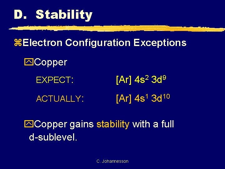 D. Stability z. Electron Configuration Exceptions y. Copper EXPECT: [Ar] 4 s 2 3
