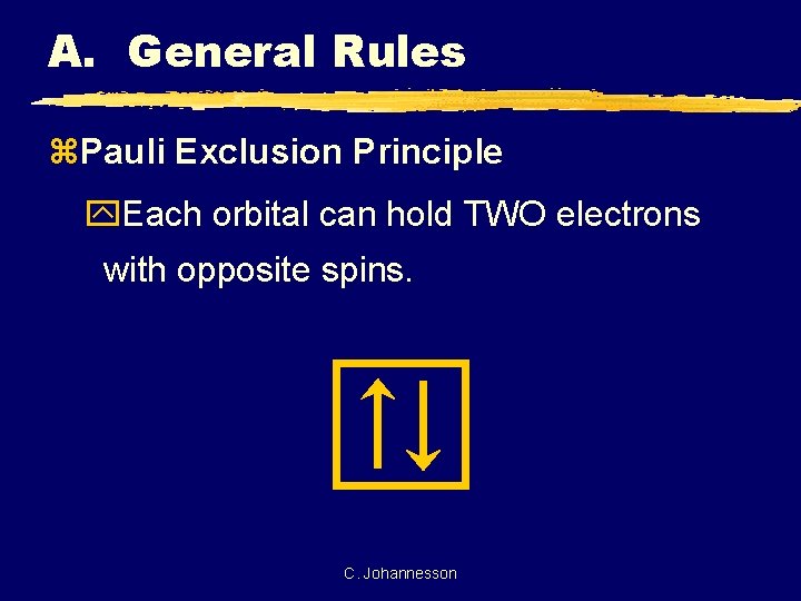 A. General Rules z. Pauli Exclusion Principle y. Each orbital can hold TWO electrons