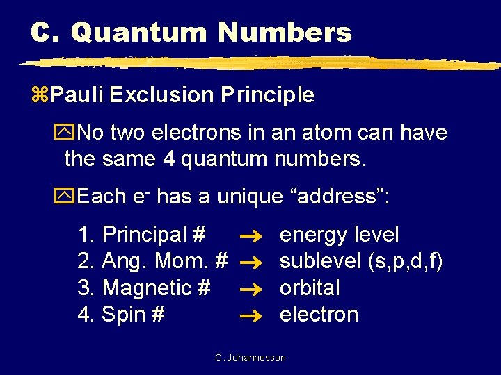 C. Quantum Numbers z. Pauli Exclusion Principle y. No two electrons in an atom