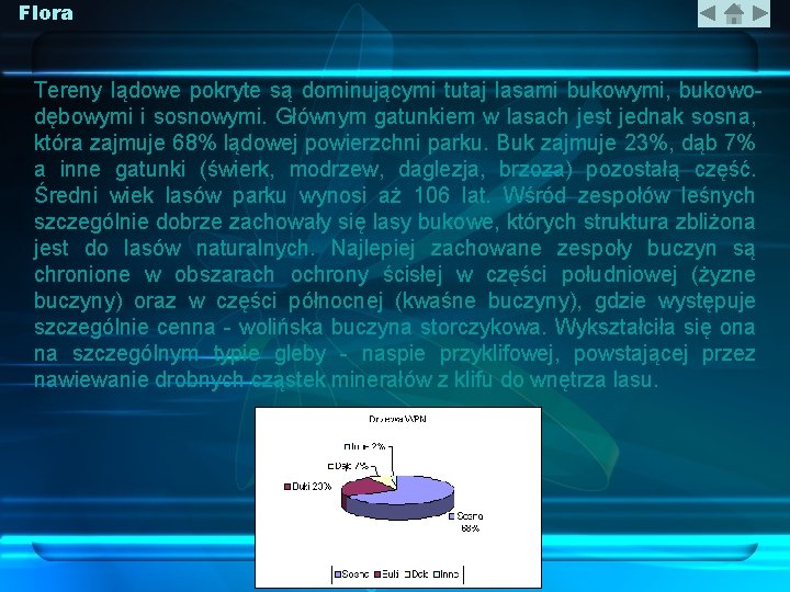 Flora Tereny lądowe pokryte są dominującymi tutaj lasami bukowymi, bukowodębowymi i sosnowymi. Głównym gatunkiem