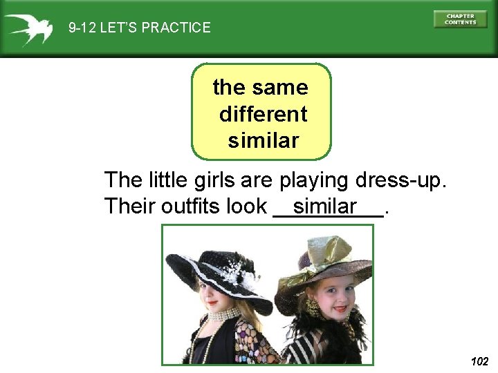 9 -12 LET’S PRACTICE the same different similar The little girls are playing dress-up.