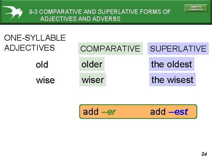 9 -3 COMPARATIVE AND SUPERLATIVE FORMS OF ADJECTIVES AND ADVERBS ONE-SYLLABLE ADJECTIVES COMPARATIVE SUPERLATIVE