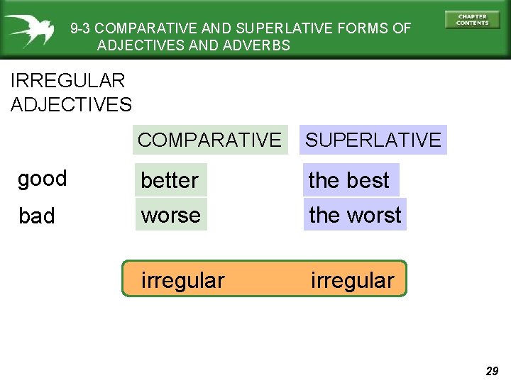 9 -3 COMPARATIVE AND SUPERLATIVE FORMS OF ADJECTIVES AND ADVERBS IRREGULAR ADJECTIVES COMPARATIVE SUPERLATIVE