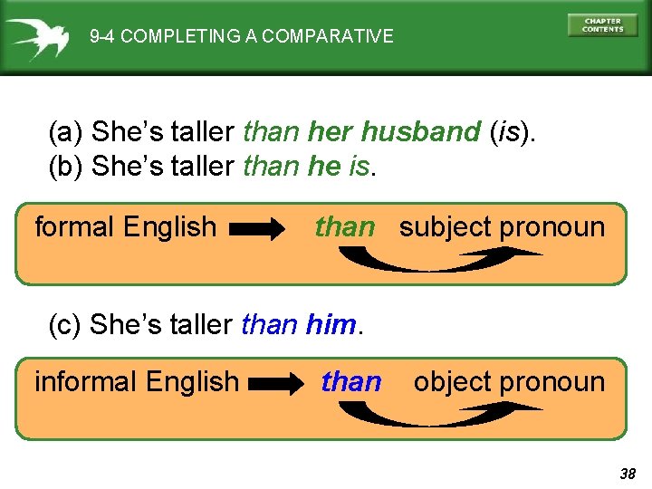 9 -4 COMPLETING A COMPARATIVE (a) She’s taller than her husband (is). (b) She’s