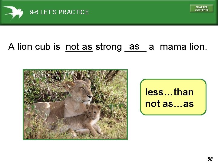 9 -6 LET’S PRACTICE as a mama lion. A lion cub is _____ not