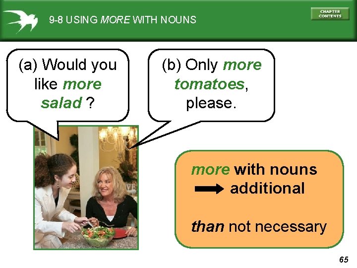 9 -8 USING MORE WITH NOUNS (a) Would you like more salad ? (b)