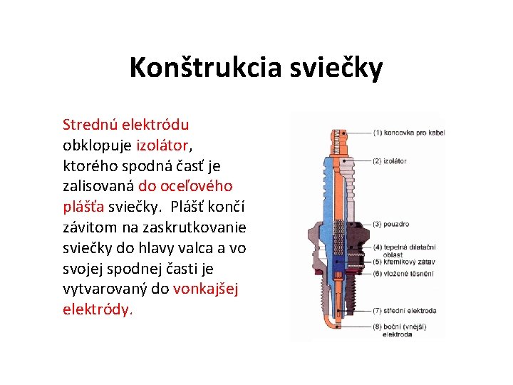 Konštrukcia sviečky Strednú elektródu obklopuje izolátor, ktorého spodná časť je zalisovaná do oceľového plášťa