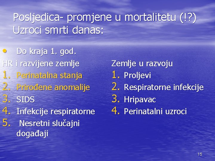 Posljedica- promjene u mortalitetu (!? ) Uzroci smrti danas: • Do kraja 1. god.