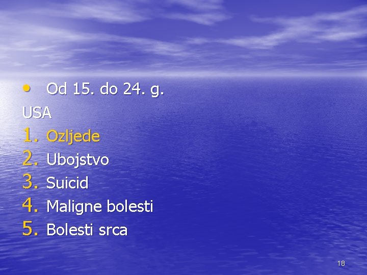  • Od 15. do 24. g. USA 1. Ozljede 2. Ubojstvo 3. Suicid