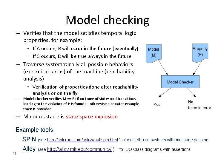 Model checking – Verifies that the model satisfies temporal logic properties, for example: •