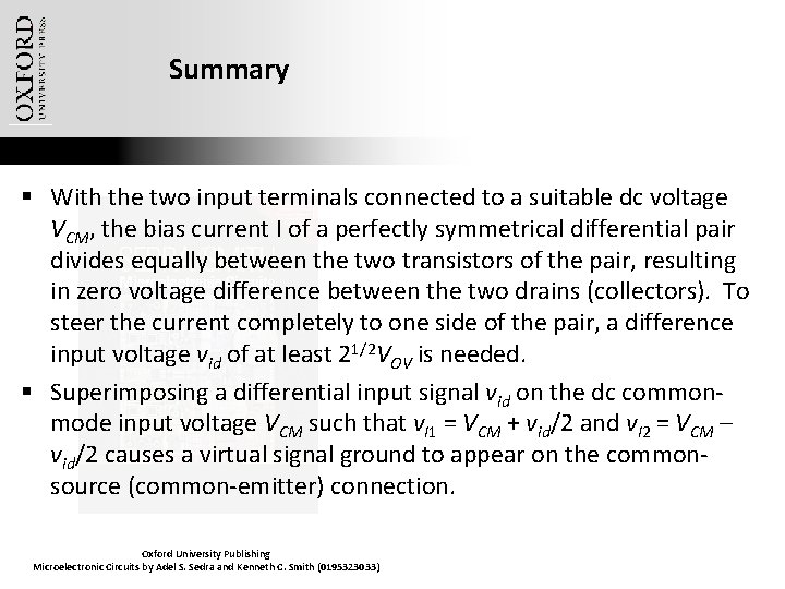 Summary § With the two input terminals connected to a suitable dc voltage VCM,