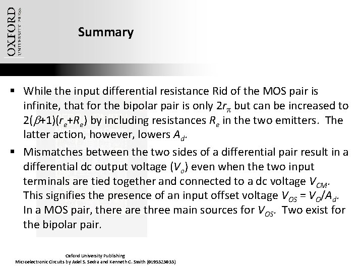 Summary § While the input differential resistance Rid of the MOS pair is infinite,