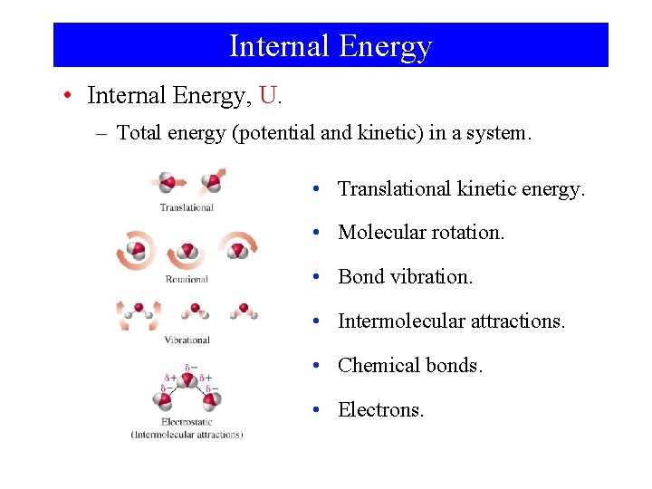 Internal Energy • Internal Energy, U. – Total energy (potential and kinetic) in a