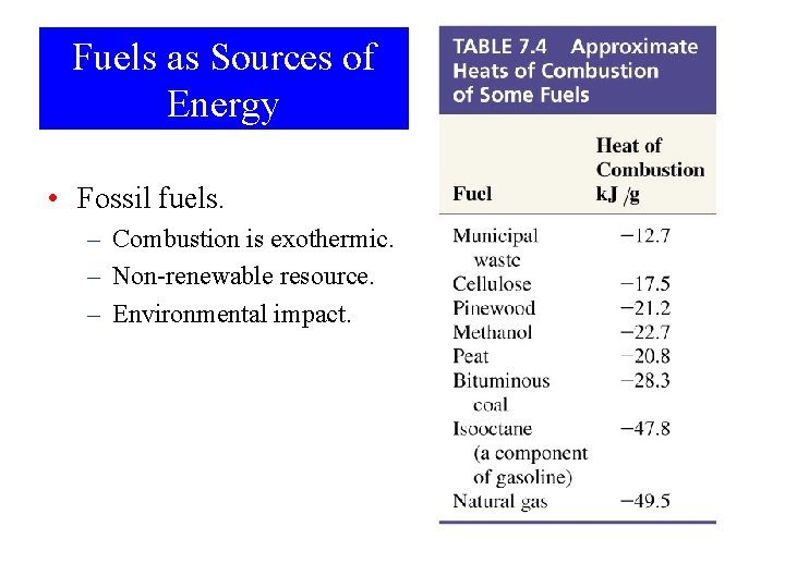 Fuels as Sources of Energy • Fossil fuels. – Combustion is exothermic. – Non-renewable