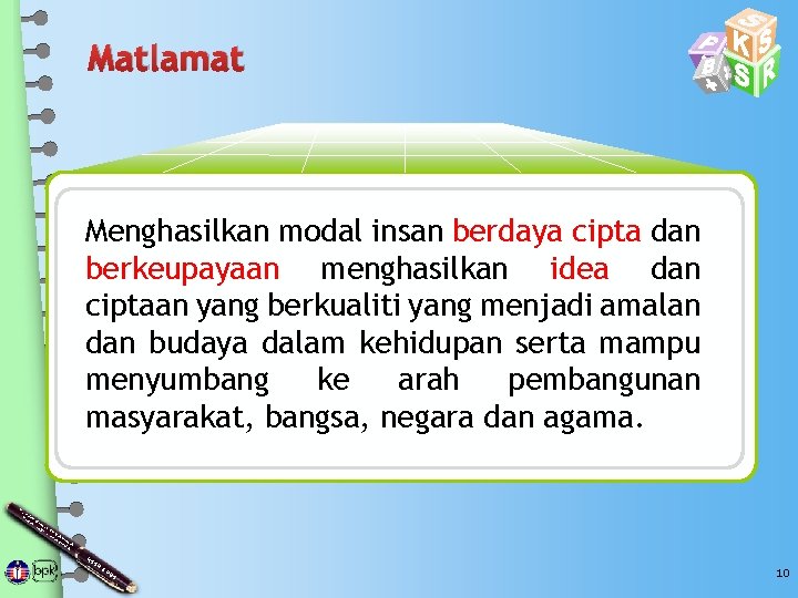 Matlamat Menghasilkan modal insan berdaya cipta dan berkeupayaan menghasilkan idea dan ciptaan yang berkualiti