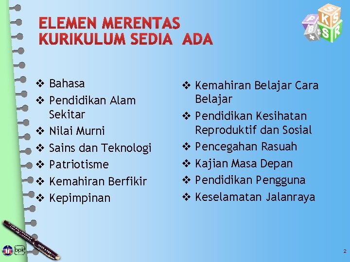 ELEMEN MERENTAS KURIKULUM SEDIA ADA v Bahasa v Pendidikan Alam Sekitar v Nilai Murni