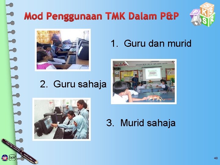 Mod Penggunaan TMK Dalam P&P 1. Guru dan murid 2. Guru sahaja 3. Murid