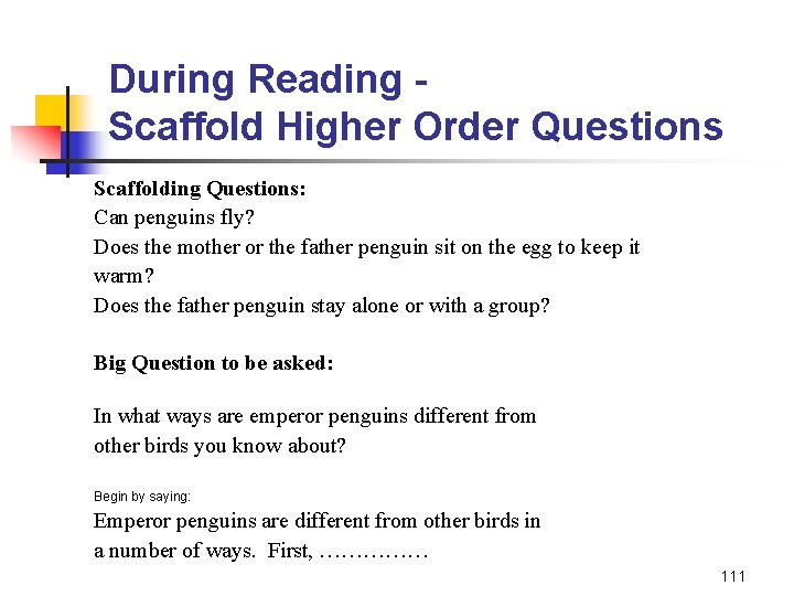 During Reading Scaffold Higher Order Questions Scaffolding Questions: Can penguins fly? Does the mother