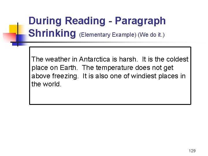 During Reading - Paragraph Shrinking (Elementary Example) (We do it. ) The weather in