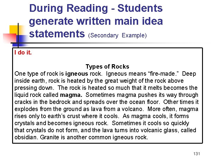 During Reading - Students generate written main idea statements (Secondary Example) I do it.