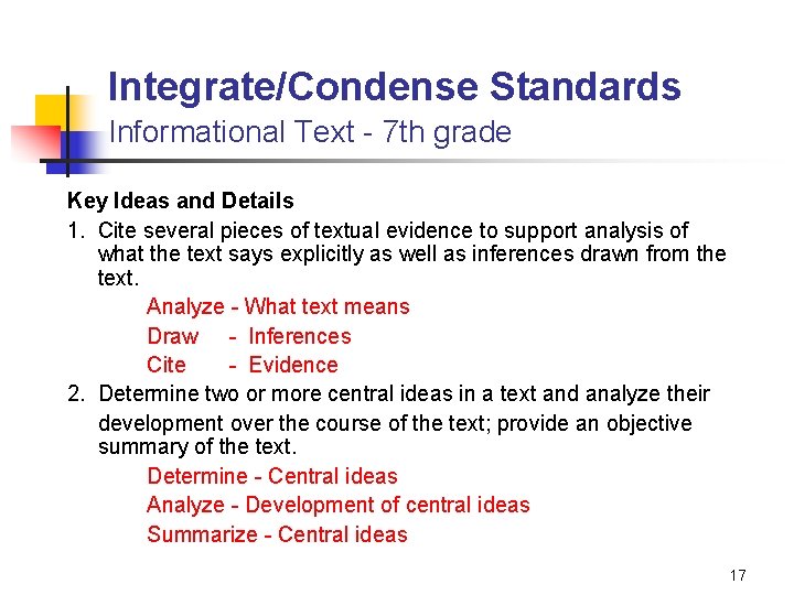 Integrate/Condense Standards Informational Text - 7 th grade Key Ideas and Details 1. Cite