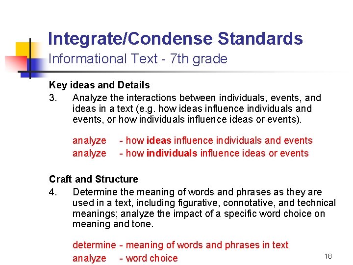 Integrate/Condense Standards Informational Text - 7 th grade Key ideas and Details 3. Analyze