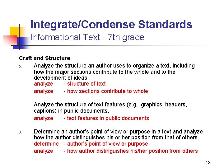 Integrate/Condense Standards Informational Text - 7 th grade Craft and Structure 5. Analyze the