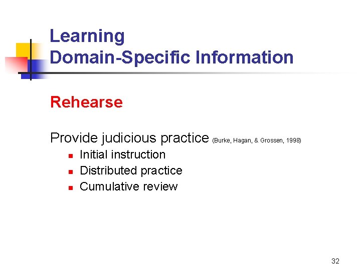 Learning Domain-Specific Information Rehearse Provide judicious practice (Burke, Hagan, & Grossen, 1998) n n